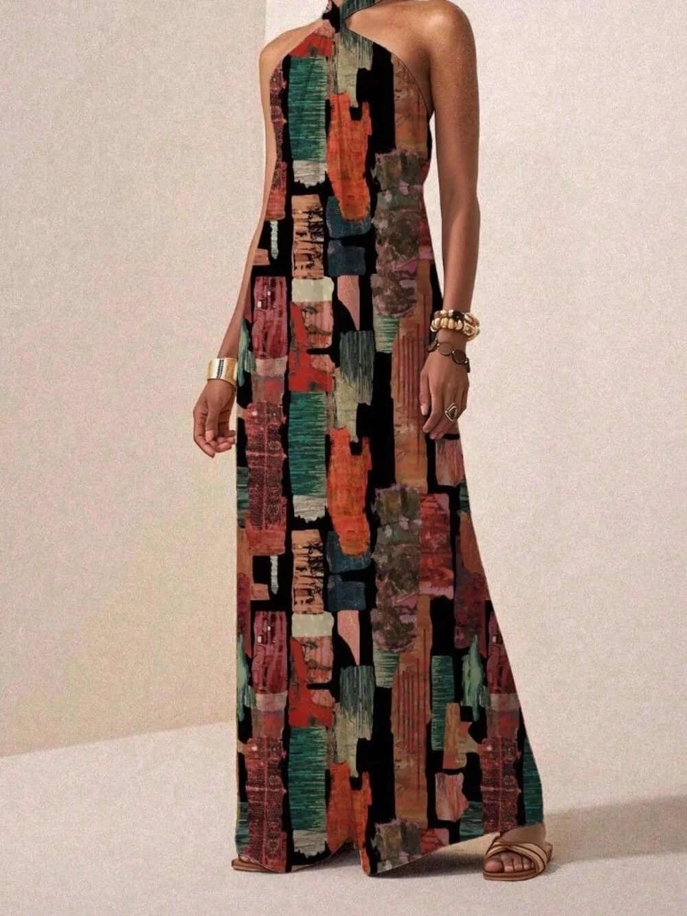 Multicolor Boho Women's Backless Knot Split Thigh Halter Loose Wide Leg Jumpsuit